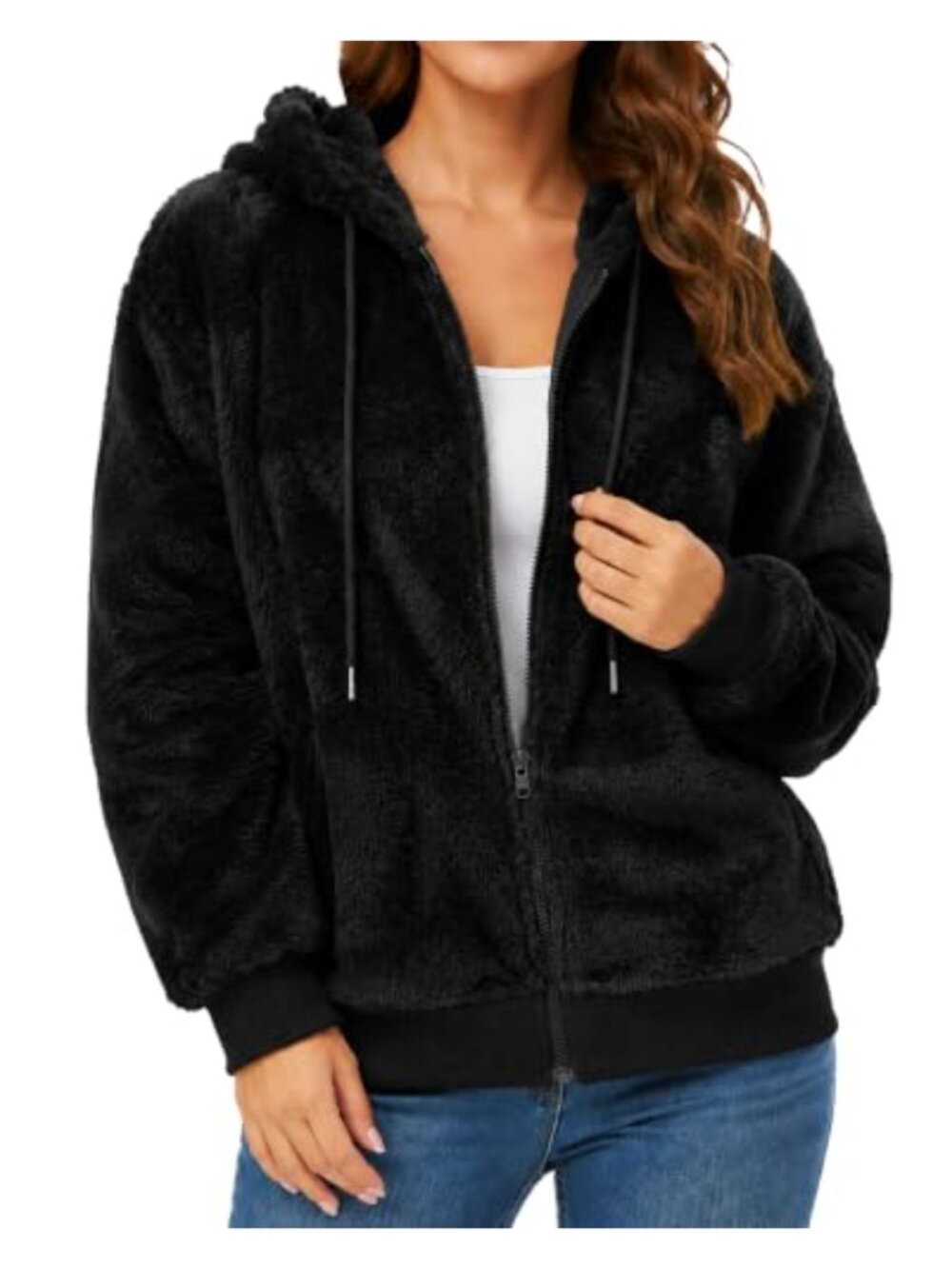 Women's Fuzzy Zip Up Hoodie Plush Fleece Hooded Jacket